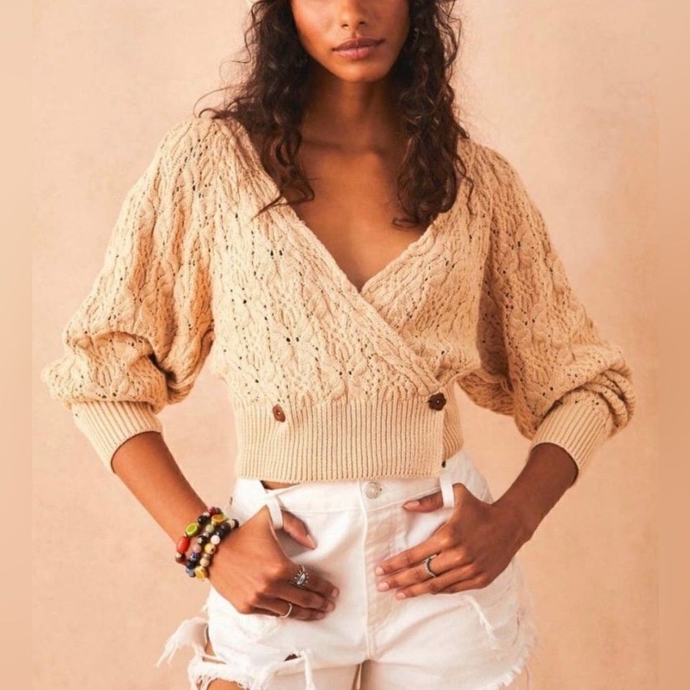 FREE PEOPLE Sweater Womens XS Cream Olive You Cardi Ecru Chunky Knit Dolman